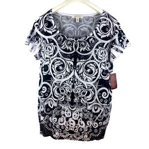 M Collection NWT Women’s top black and white silver beading size M short sleeve